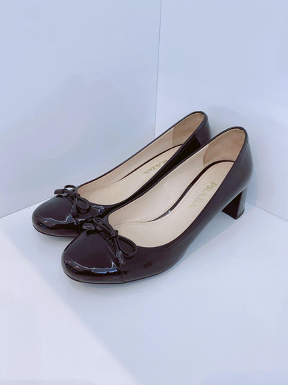 BLACK PATENT LEATHER CAP TOE BLOCK HEELP PUMPS 37.5