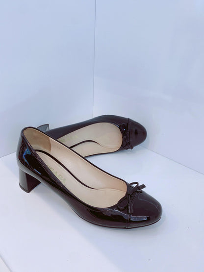 BLACK PATENT LEATHER CAP TOE BLOCK HEELP PUMPS 37.5