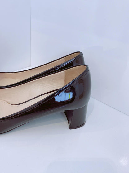 BLACK PATENT LEATHER CAP TOE BLOCK HEELP PUMPS 37.5