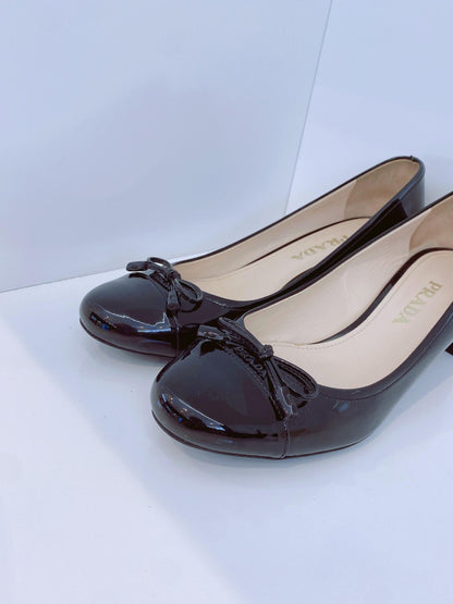 BLACK PATENT LEATHER CAP TOE BLOCK HEELP PUMPS 37.5