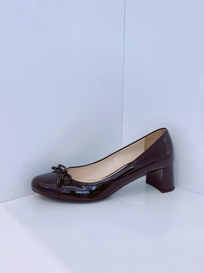 BLACK PATENT LEATHER CAP TOE BLOCK HEELP PUMPS 37.5