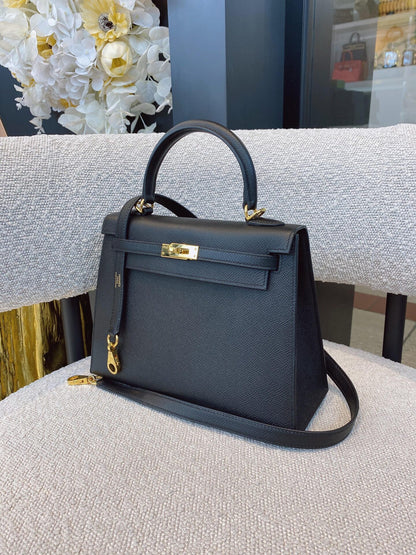 BLACK KELLY 25 EPSOM LEATHER GOLD HARDWARE