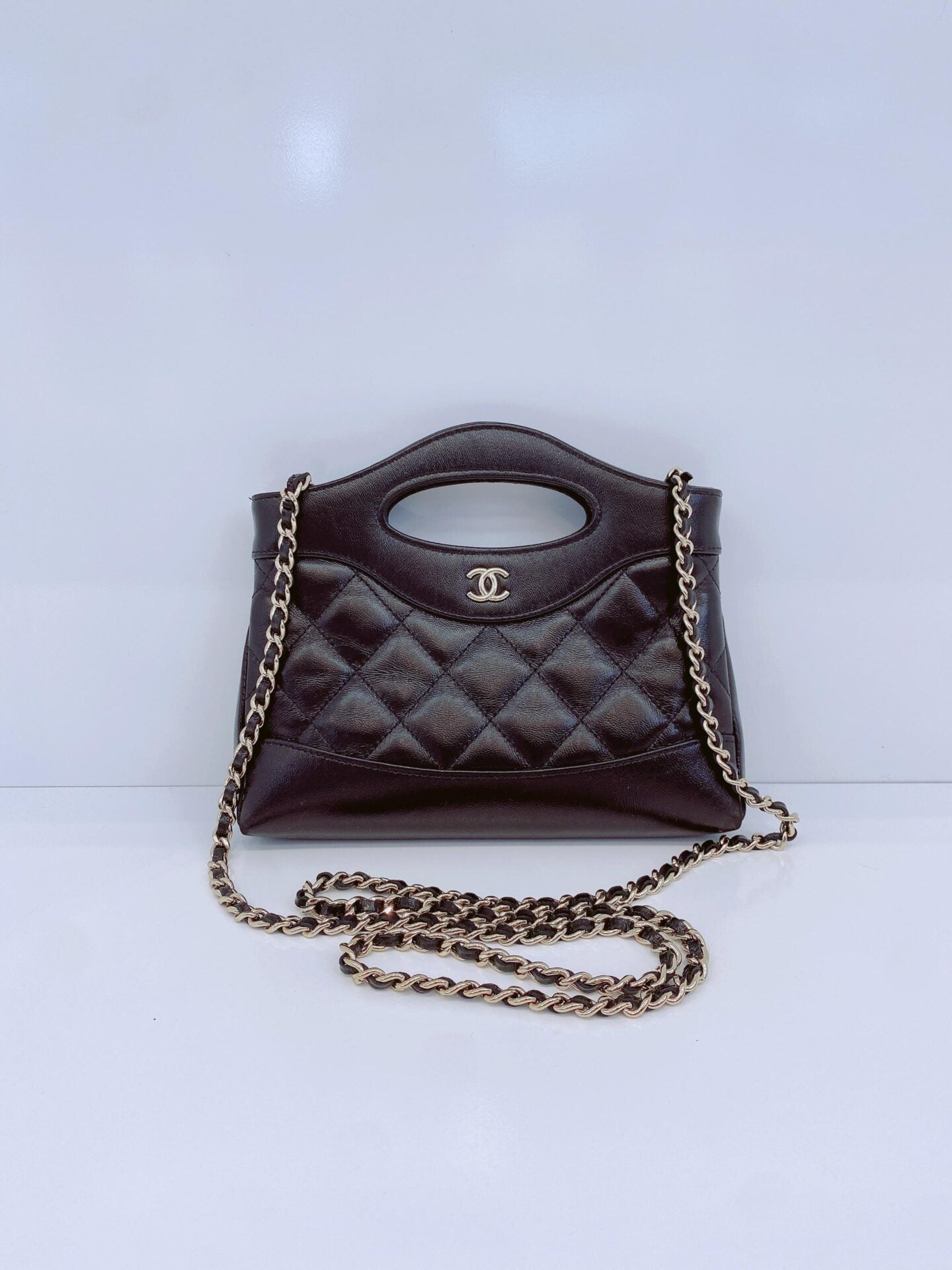 BLACK AGED CALFSKIN LEATHER NANO 31 MINI SHOPPING BAG GOLD HARDWARE