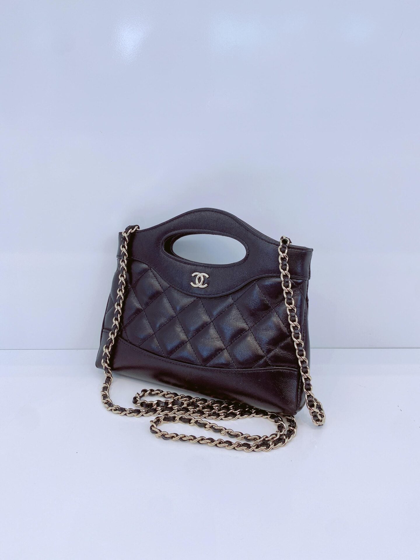 BLACK AGED CALFSKIN LEATHER NANO 31 MINI SHOPPING BAG GOLD HARDWARE