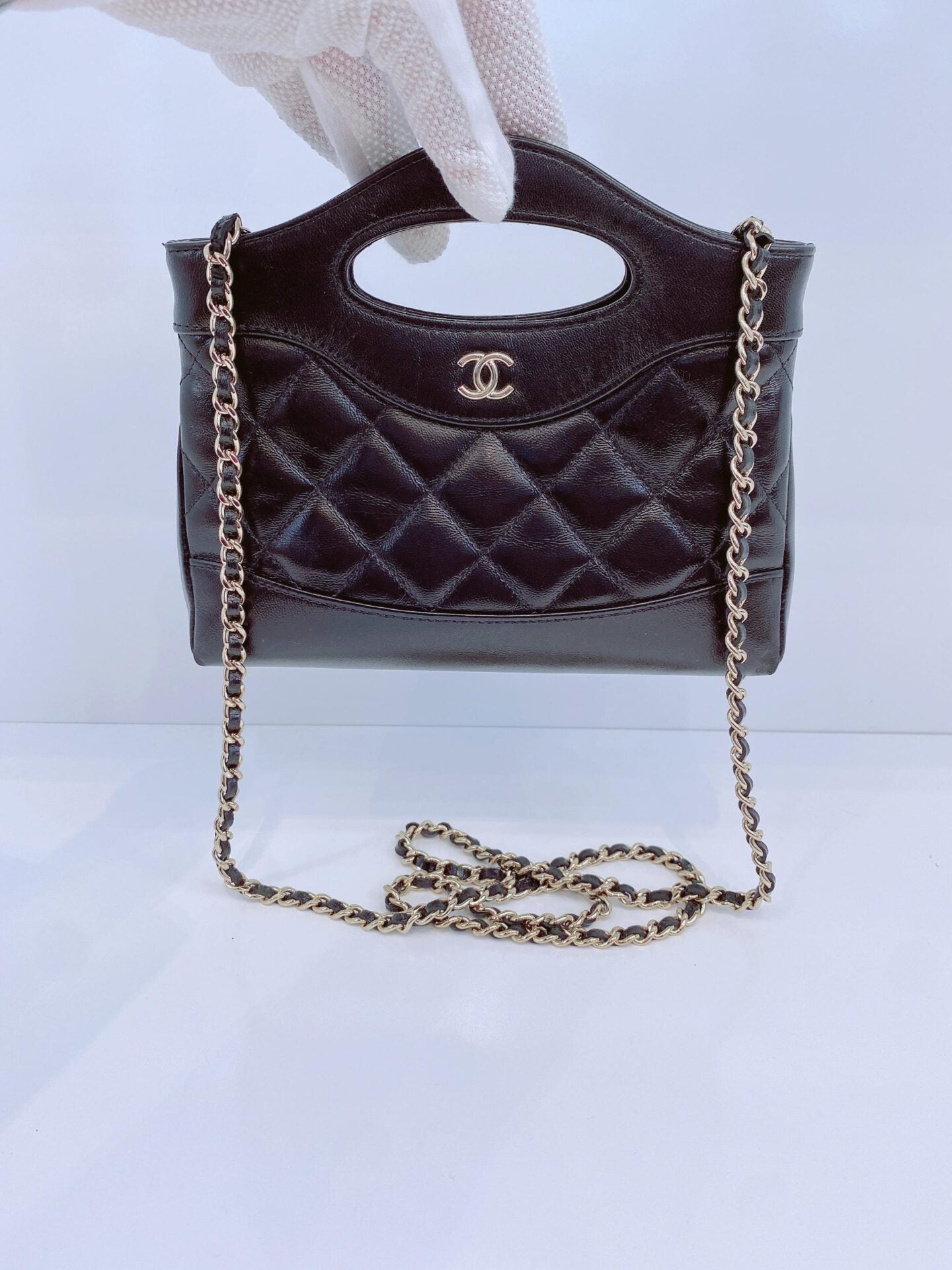 BLACK AGED CALFSKIN LEATHER NANO 31 MINI SHOPPING BAG GOLD HARDWARE