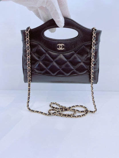 BLACK AGED CALFSKIN LEATHER NANO 31 MINI SHOPPING BAG GOLD HARDWARE