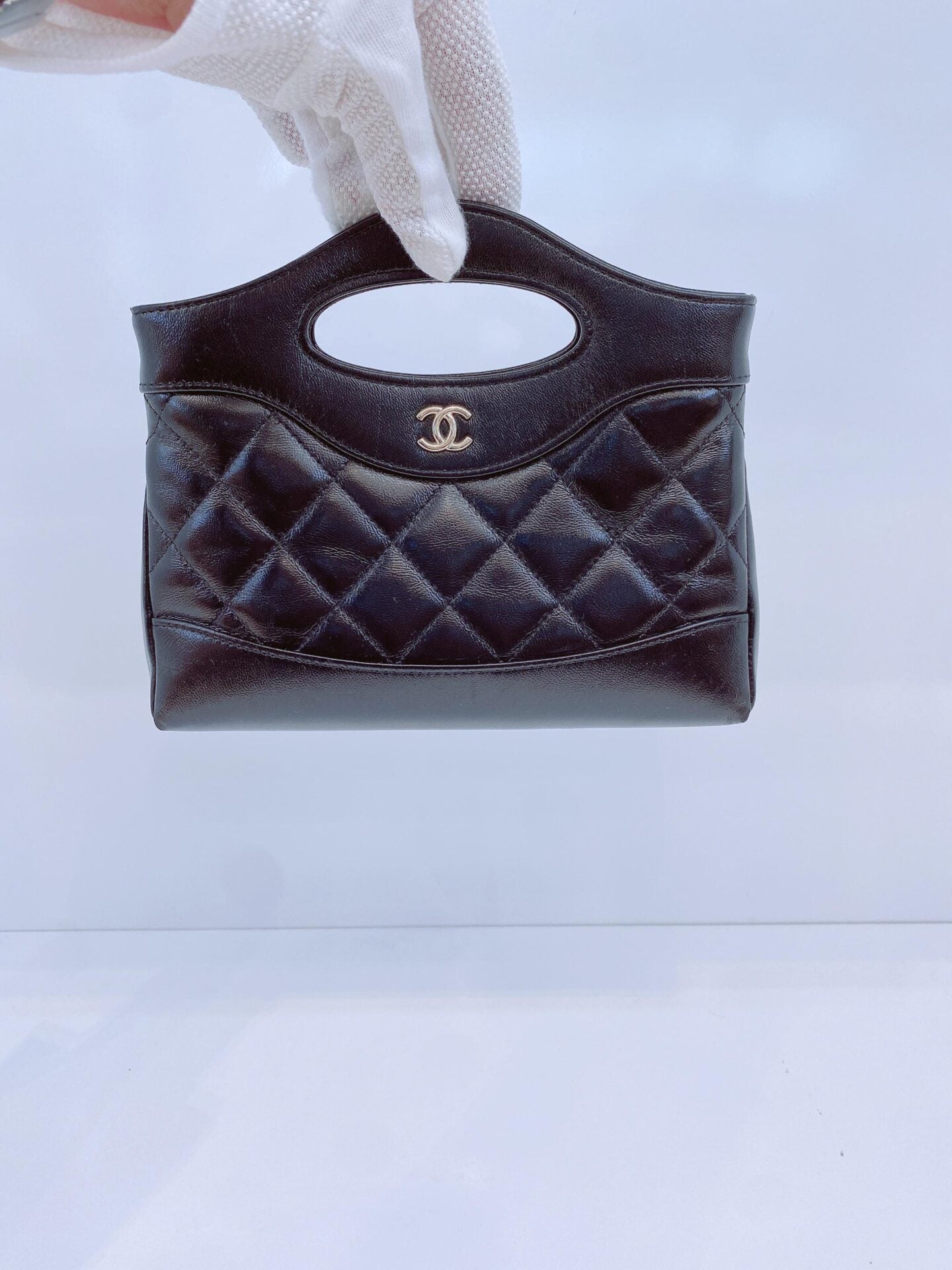 BLACK AGED CALFSKIN LEATHER NANO 31 MINI SHOPPING BAG GOLD HARDWARE