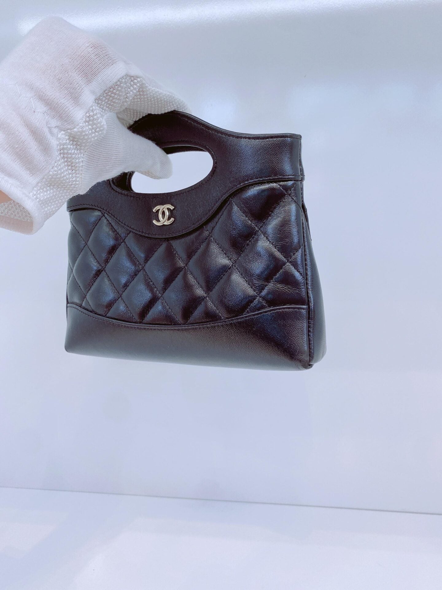 BLACK AGED CALFSKIN LEATHER NANO 31 MINI SHOPPING BAG GOLD HARDWARE