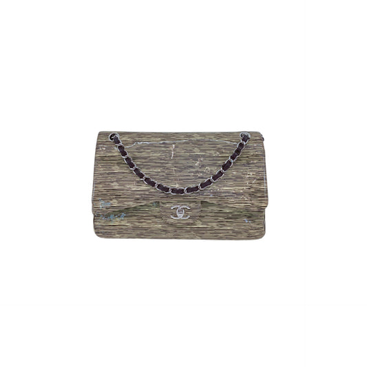 BLACK YELLOW STRIPED PATENT LEATHER LARGE CLASSIC DOUBLE FLAP BAG