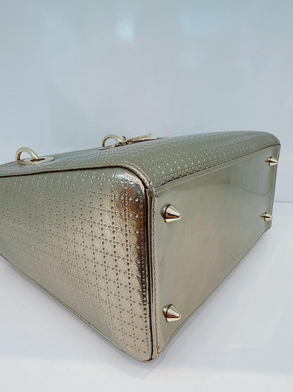 ROSE GOLD MICROCANNAGE MIRRORED LEATHER MEDIUM LADY DIOR TOTE BAG