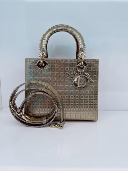 ROSE GOLD MICROCANNAGE MIRRORED LEATHER MEDIUM LADY DIOR TOTE BAG