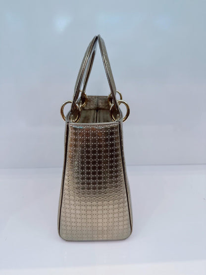 ROSE GOLD MICROCANNAGE MIRRORED LEATHER MEDIUM LADY DIOR TOTE BAG