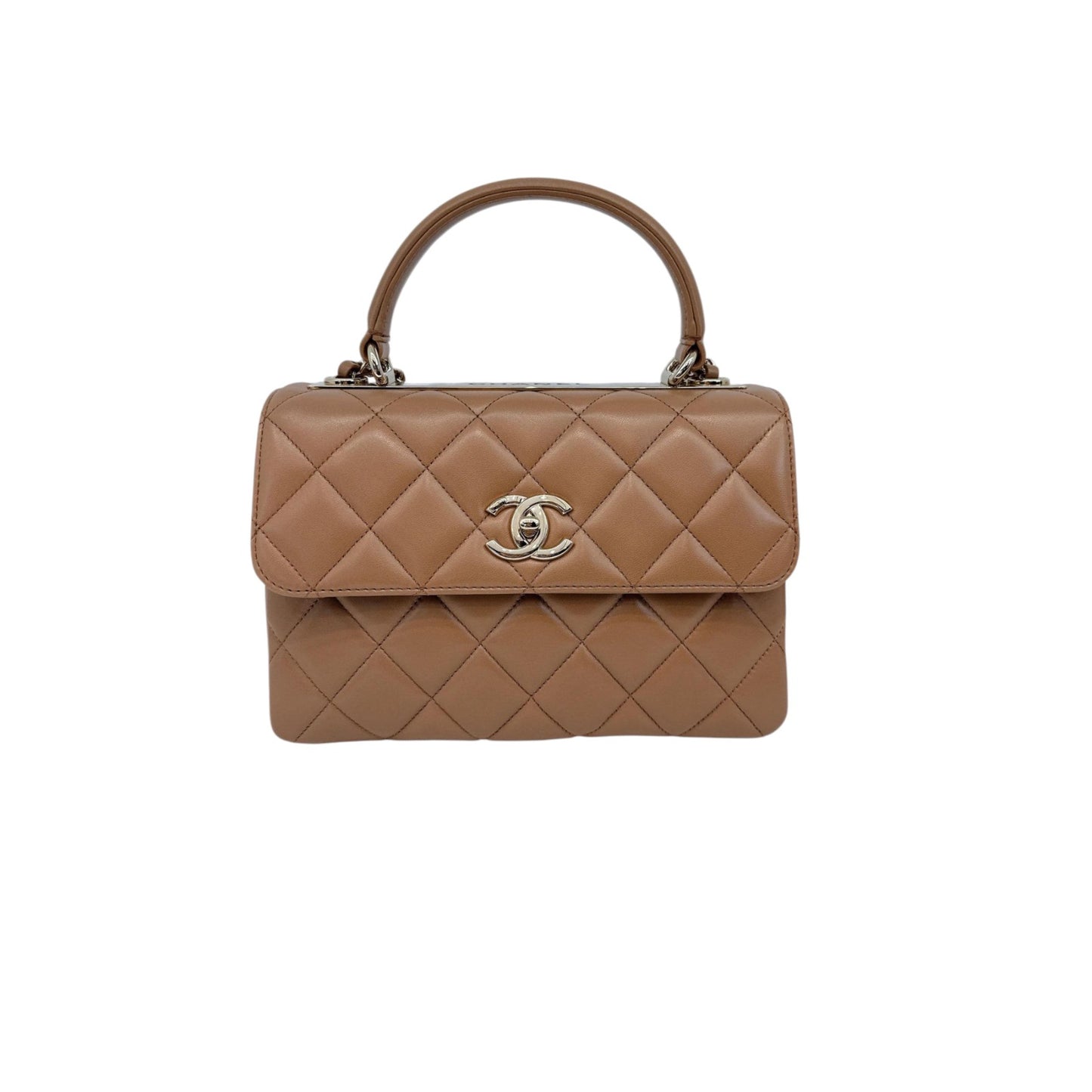 CAMEL LAMBSKIN QUILTED SMALL TRENDY CC HANDLE FLAP BAG