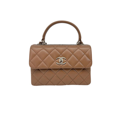 CAMEL LAMBSKIN QUILTED SMALL TRENDY CC HANDLE FLAP BAG