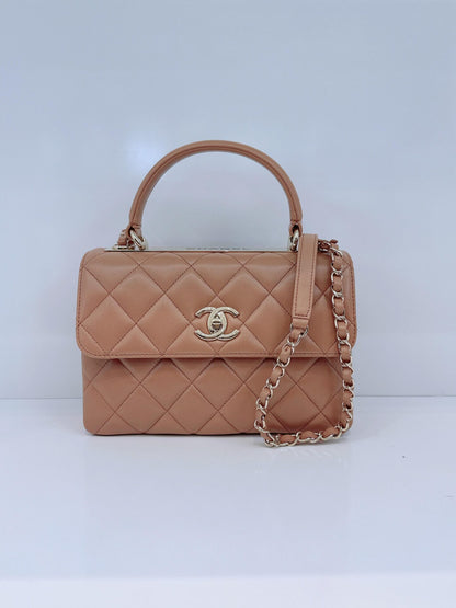 CAMEL LAMBSKIN QUILTED SMALL TRENDY CC HANDLE FLAP BAG