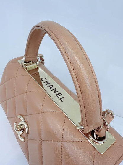 CAMEL LAMBSKIN QUILTED SMALL TRENDY CC HANDLE FLAP BAG