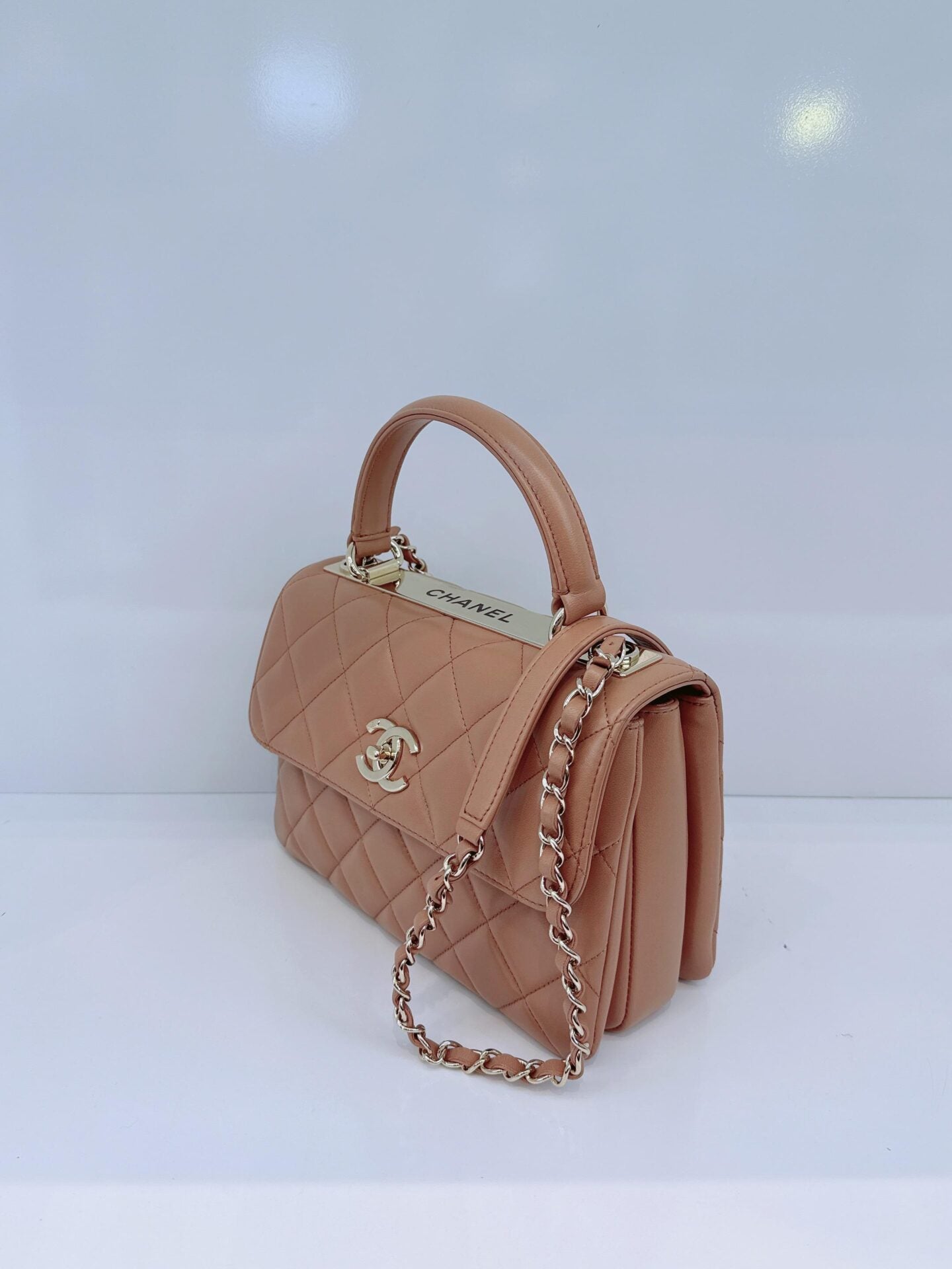 CAMEL LAMBSKIN QUILTED SMALL TRENDY CC HANDLE FLAP BAG