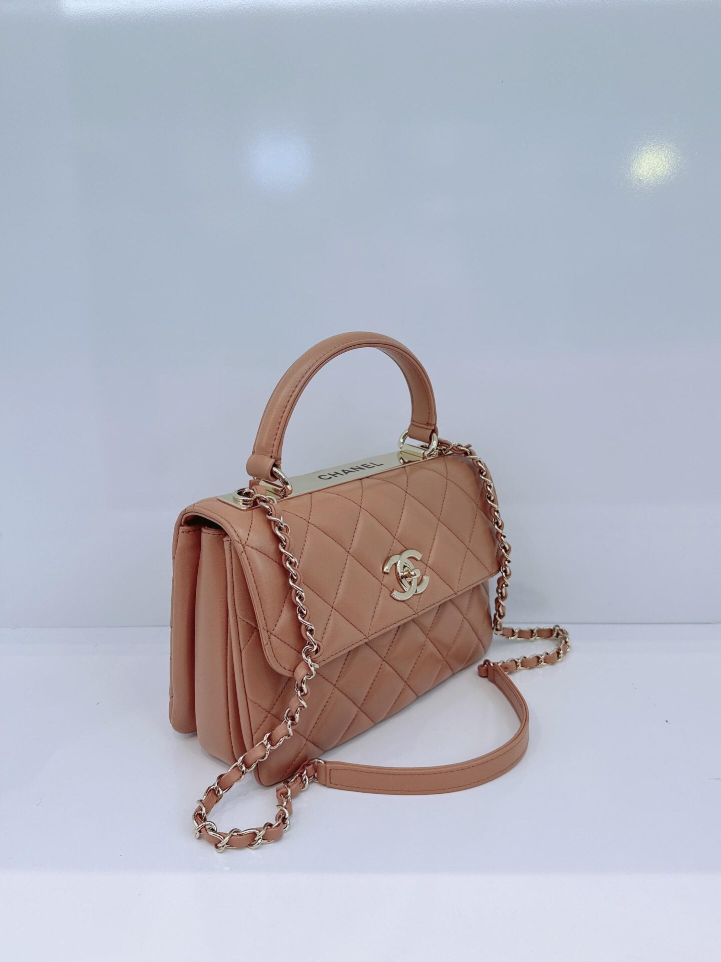 CAMEL LAMBSKIN QUILTED SMALL TRENDY CC HANDLE FLAP BAG