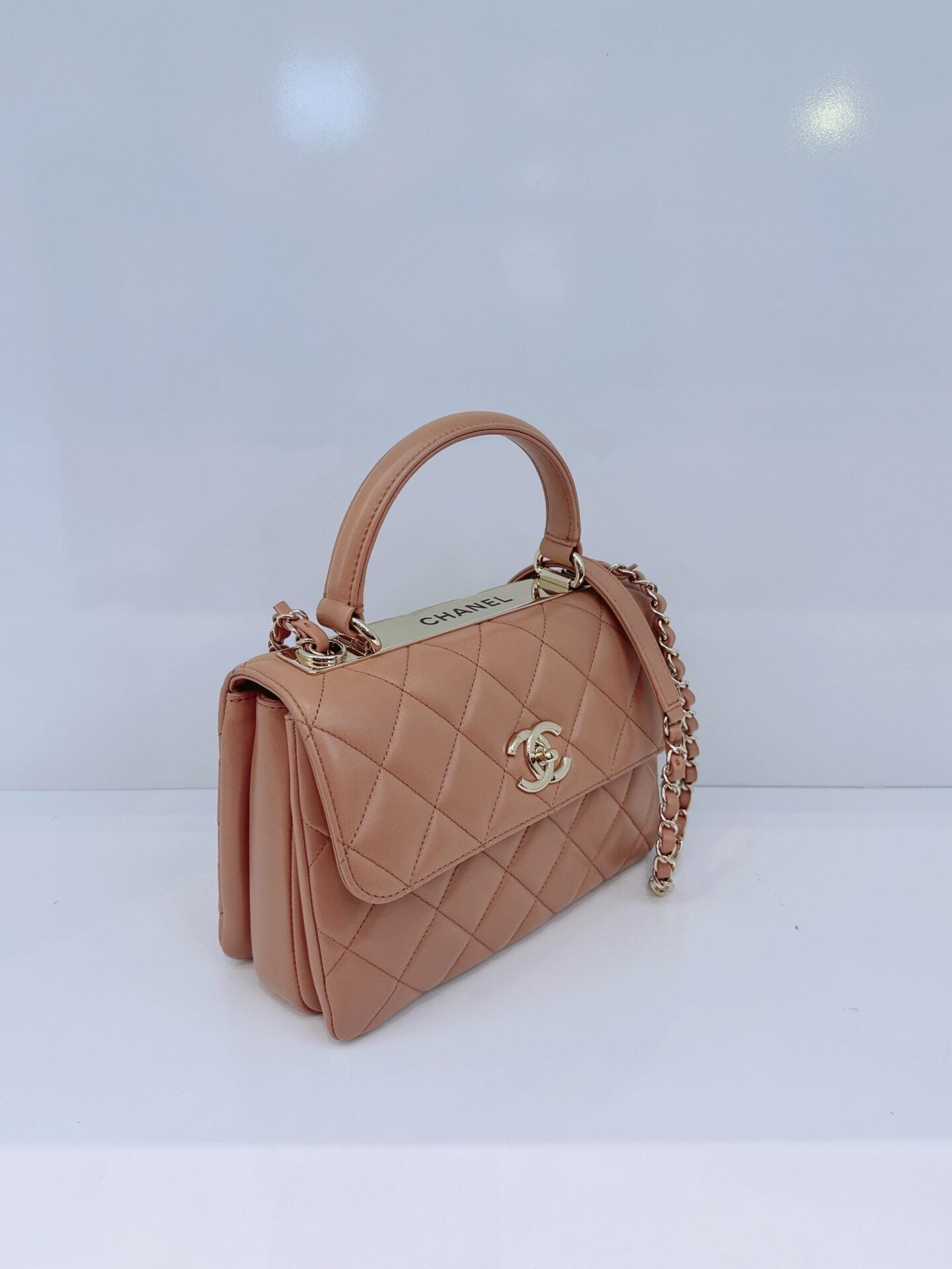 CAMEL LAMBSKIN QUILTED SMALL TRENDY CC HANDLE FLAP BAG
