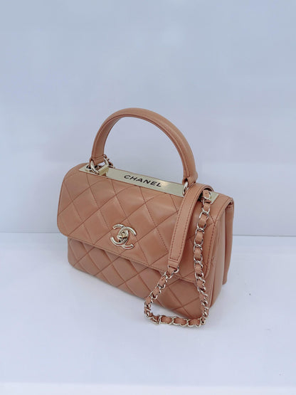 CAMEL LAMBSKIN QUILTED SMALL TRENDY CC HANDLE FLAP BAG