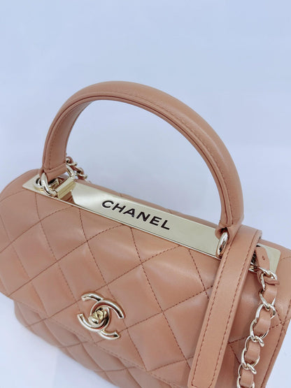 CAMEL LAMBSKIN QUILTED SMALL TRENDY CC HANDLE FLAP BAG