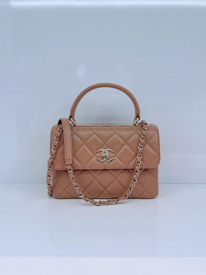 CAMEL LAMBSKIN QUILTED SMALL TRENDY CC HANDLE FLAP BAG
