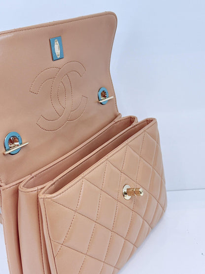 CAMEL LAMBSKIN QUILTED SMALL TRENDY CC HANDLE FLAP BAG