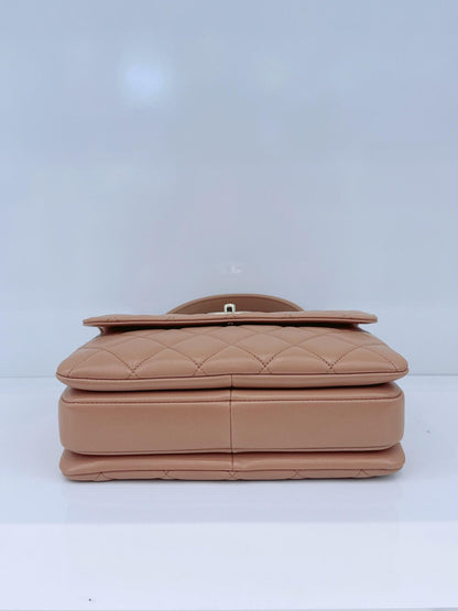 CAMEL LAMBSKIN QUILTED SMALL TRENDY CC HANDLE FLAP BAG