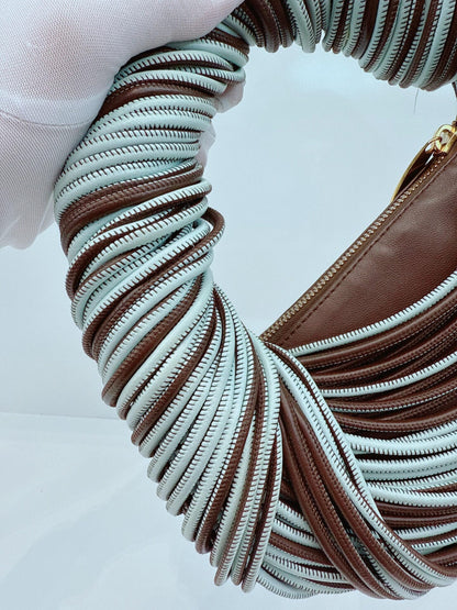 BROWN PALE BLUE CALFSKIN LEATHER MINI JODIE TOP HANDLE BAG