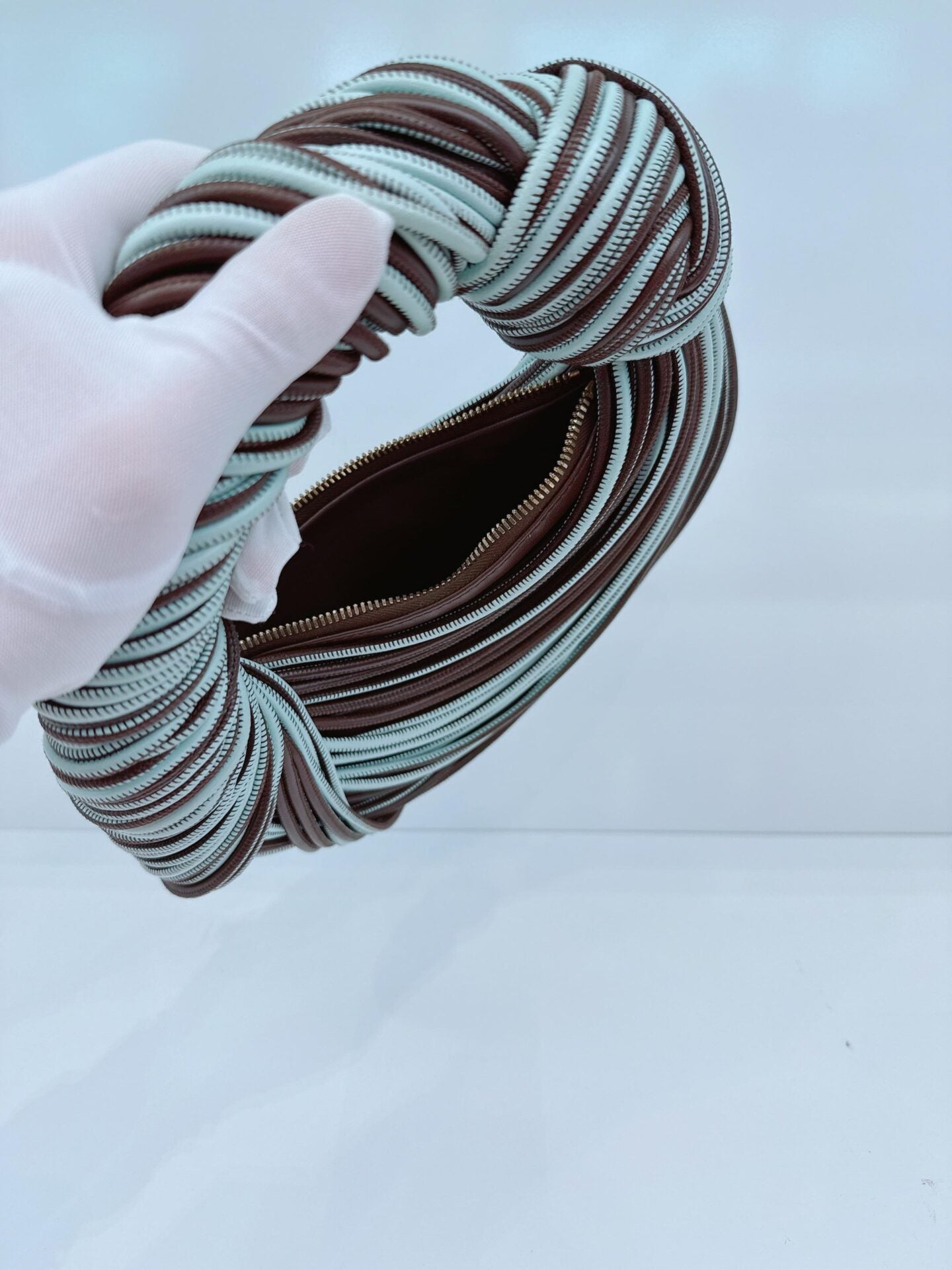 BROWN PALE BLUE CALFSKIN LEATHER MINI JODIE TOP HANDLE BAG