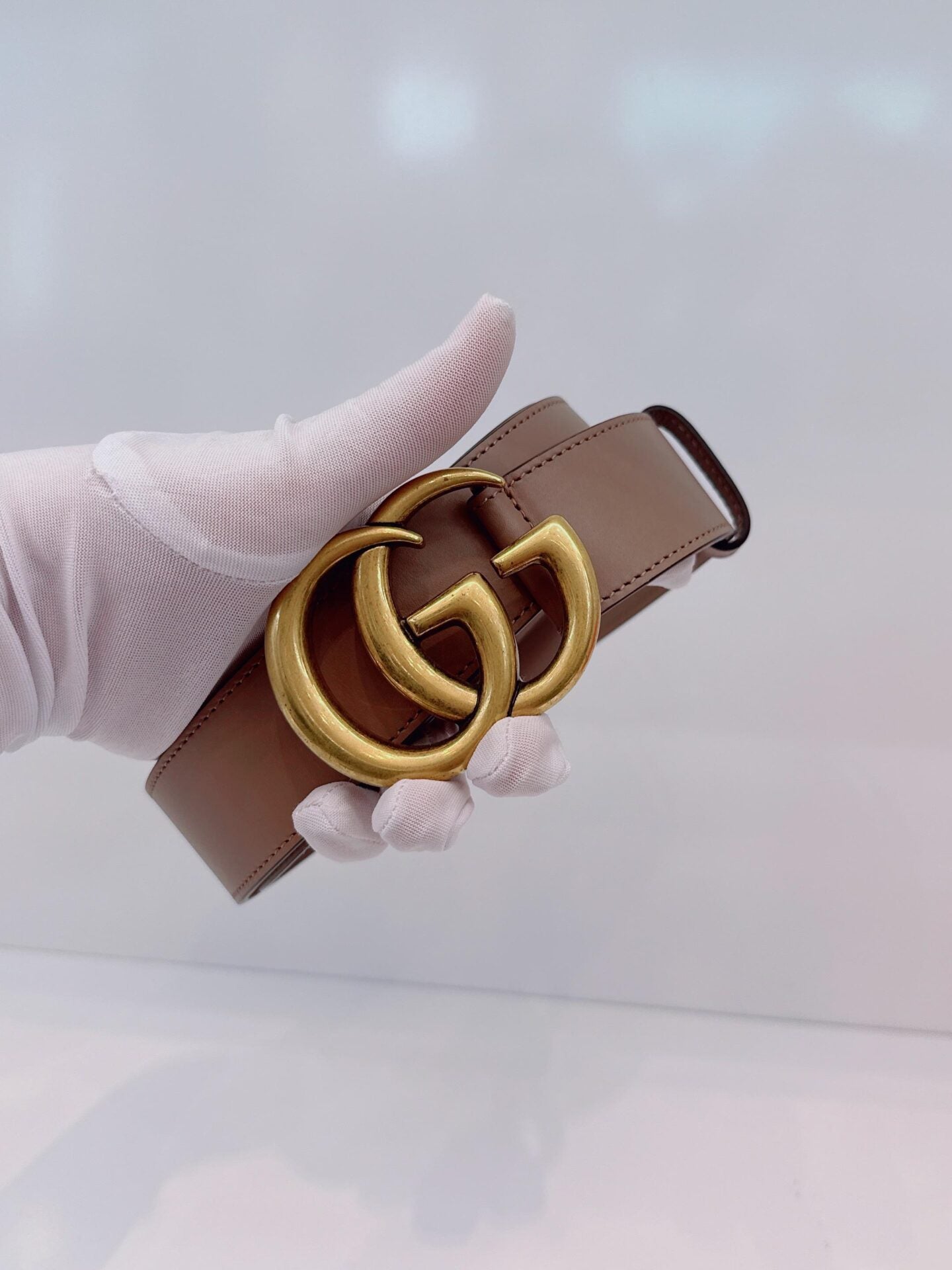 GRAY LEATHER GG MARMONT BUCKLE BELT 95CM