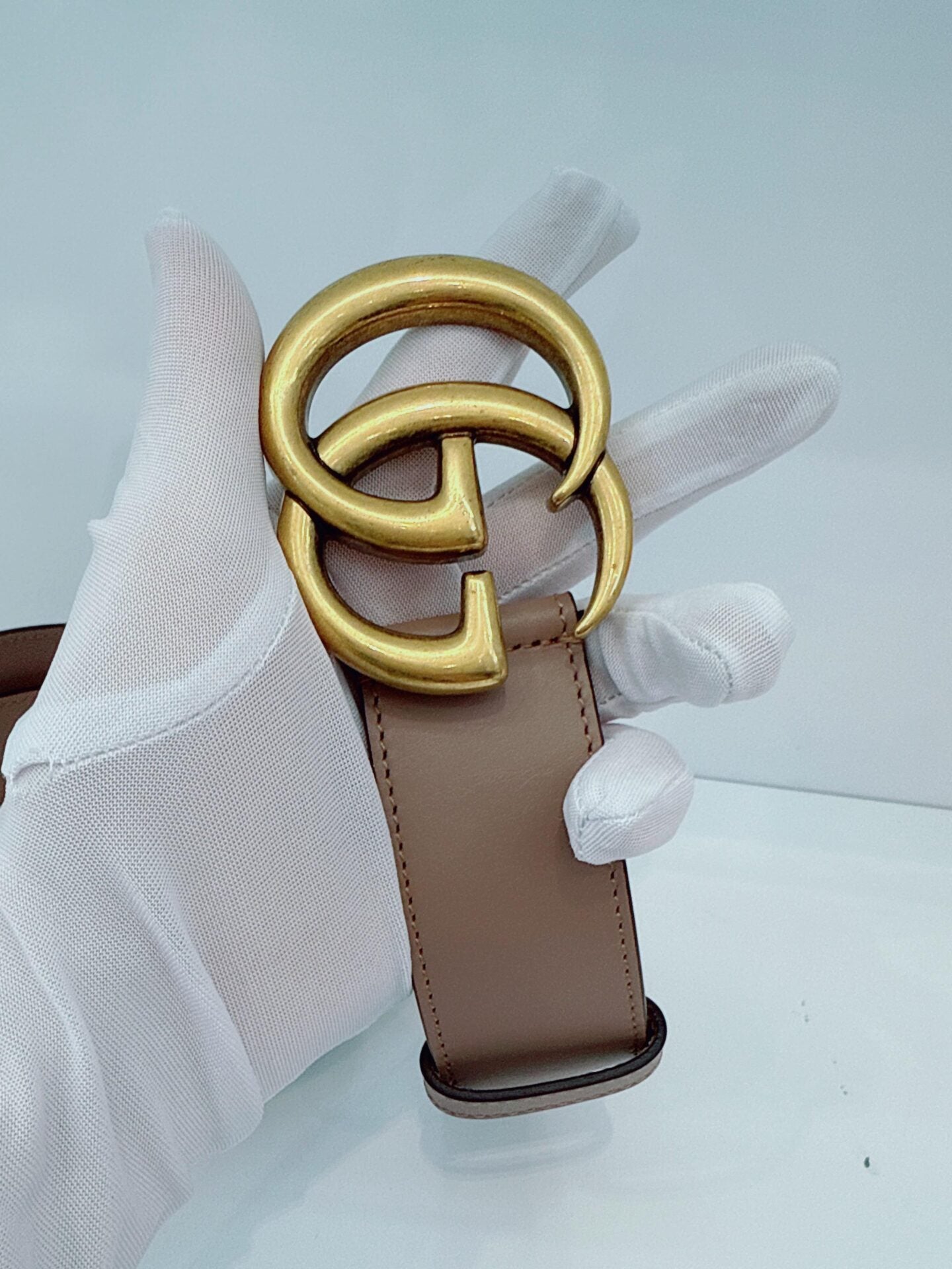 GRAY LEATHER GG MARMONT BUCKLE BELT 95CM