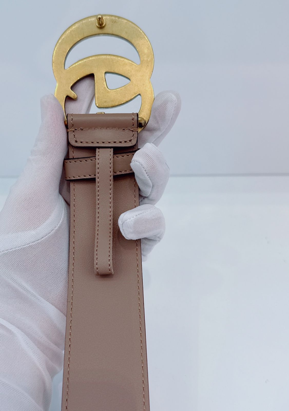 GRAY LEATHER GG MARMONT BUCKLE BELT 95CM