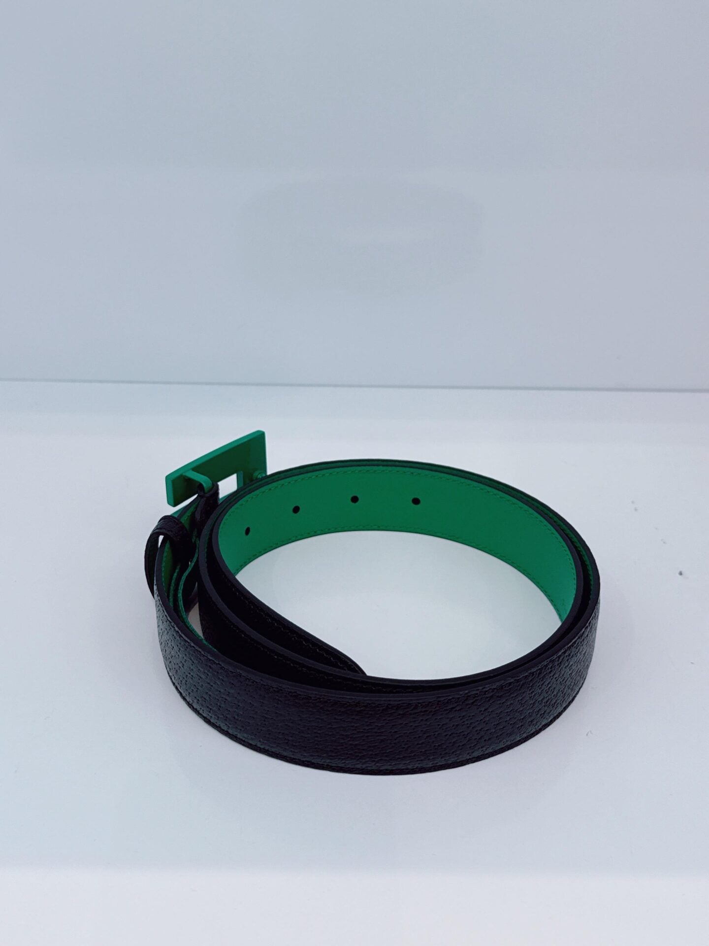 GREEN BLACK LEATHER G SQUARE BUCKLE BELT 85CM