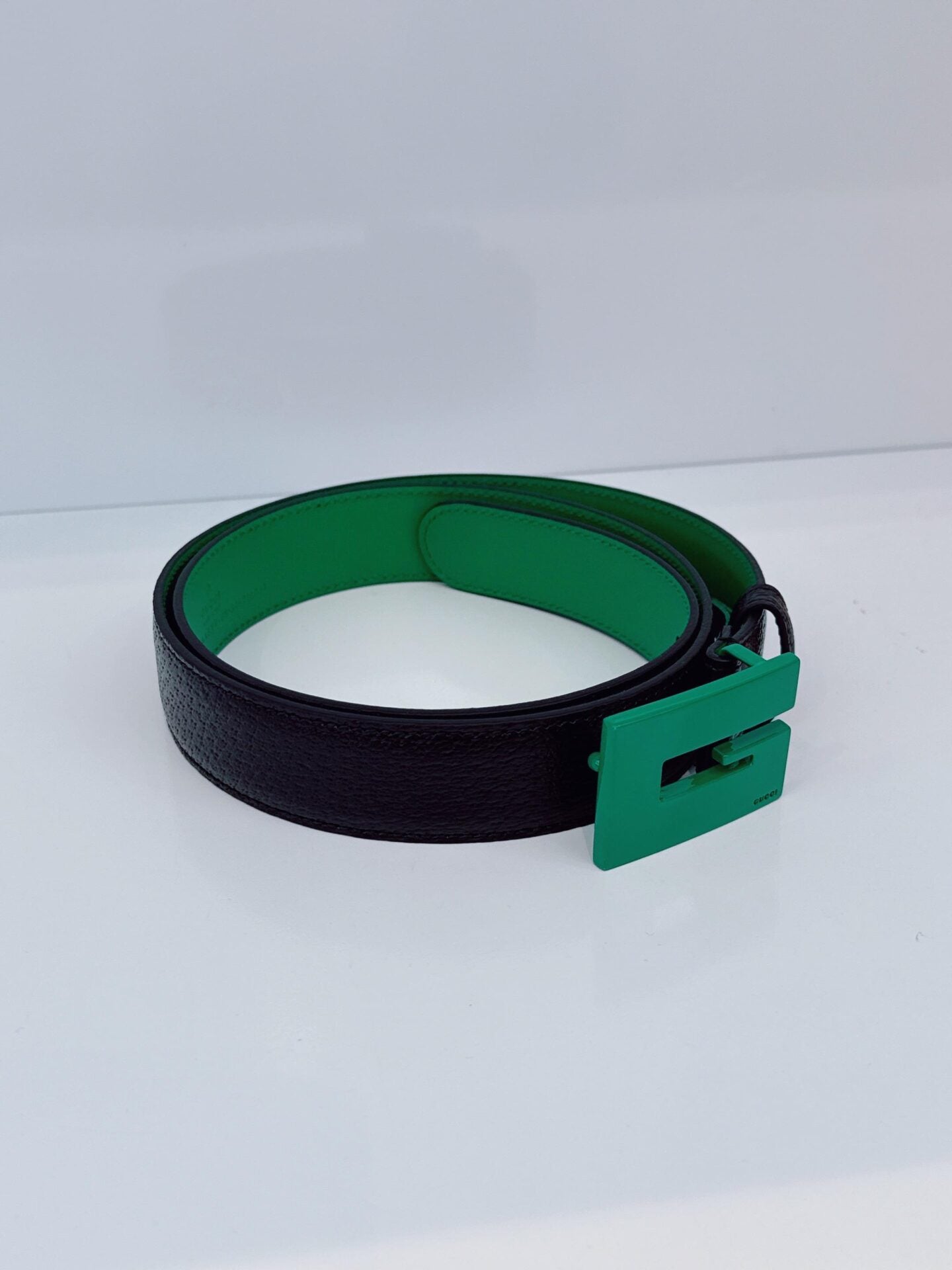 GREEN BLACK LEATHER G SQUARE BUCKLE BELT 85CM