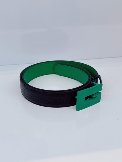 GREEN BLACK LEATHER G SQUARE BUCKLE BELT 85CM