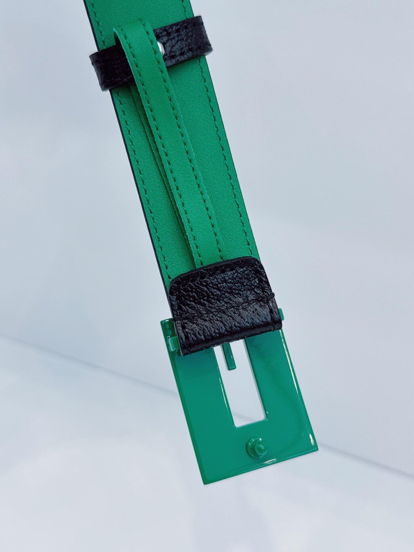 GREEN BLACK LEATHER G SQUARE BUCKLE BELT 85CM