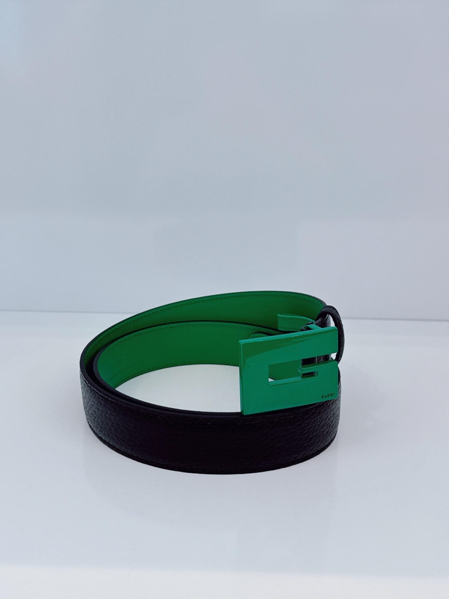 GREEN BLACK LEATHER G SQUARE BUCKLE BELT 85CM