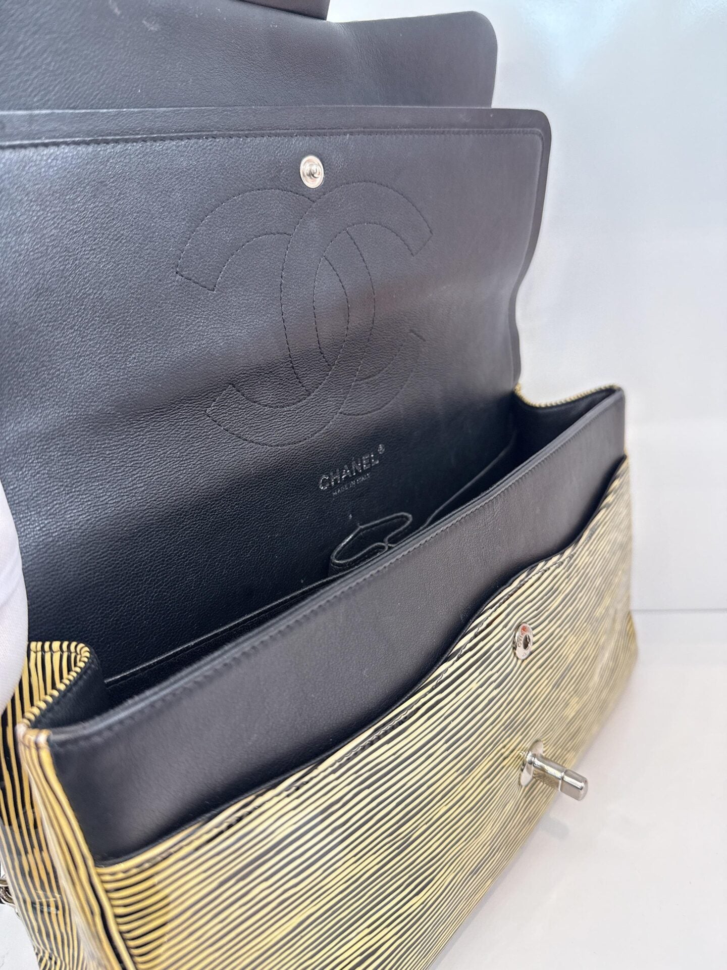 BLACK YELLOW STRIPED PATENT LEATHER LARGE CLASSIC DOUBLE FLAP BAG