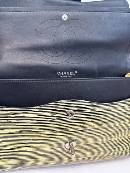 BLACK YELLOW STRIPED PATENT LEATHER LARGE CLASSIC DOUBLE FLAP BAG