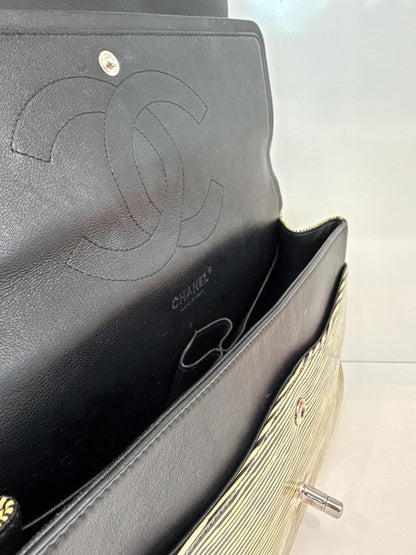 BLACK YELLOW STRIPED PATENT LEATHER LARGE CLASSIC DOUBLE FLAP BAG