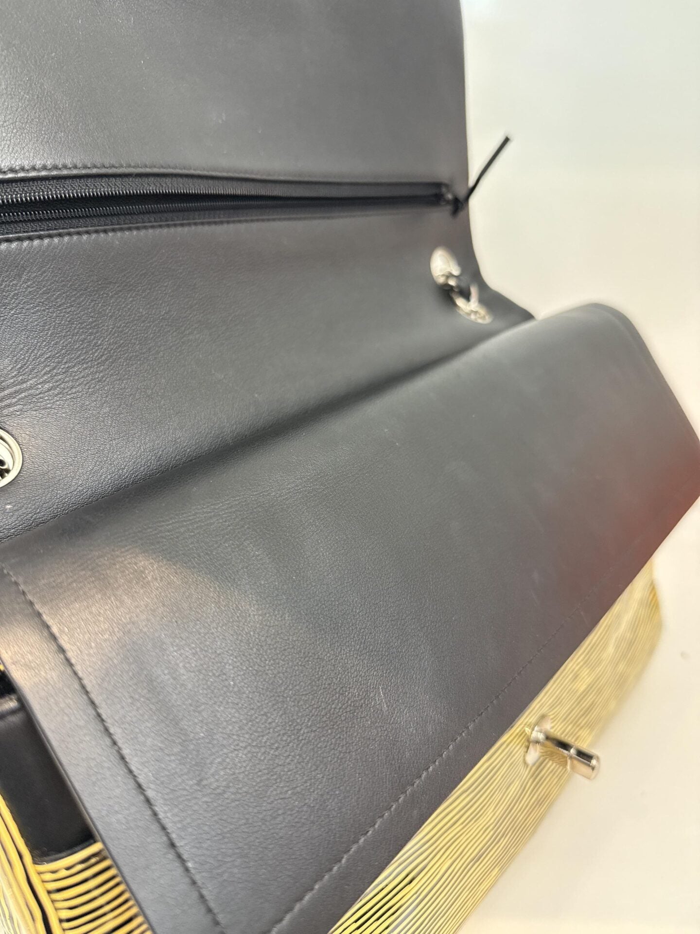 BLACK YELLOW STRIPED PATENT LEATHER LARGE CLASSIC DOUBLE FLAP BAG