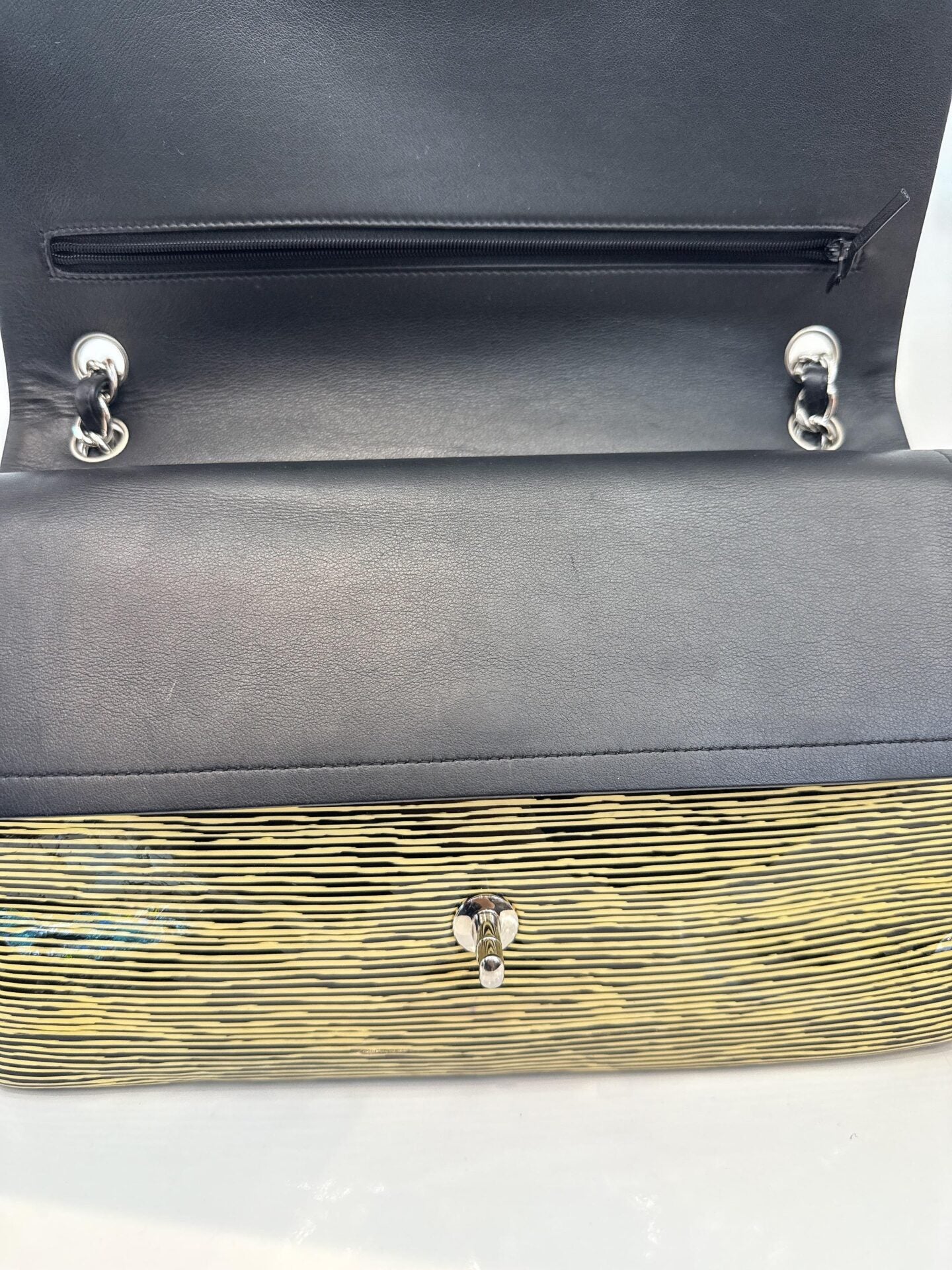 BLACK YELLOW STRIPED PATENT LEATHER LARGE CLASSIC DOUBLE FLAP BAG