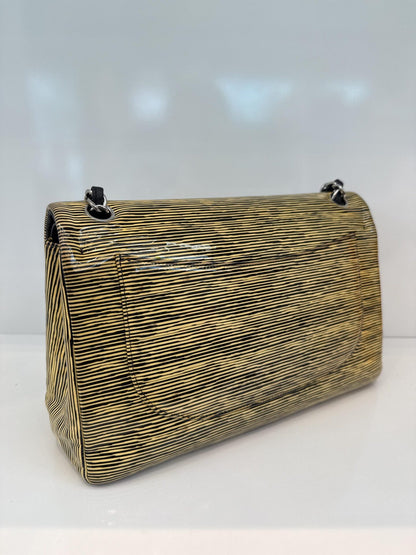 BLACK YELLOW STRIPED PATENT LEATHER LARGE CLASSIC DOUBLE FLAP BAG