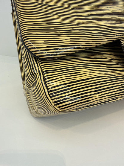 BLACK YELLOW STRIPED PATENT LEATHER LARGE CLASSIC DOUBLE FLAP BAG