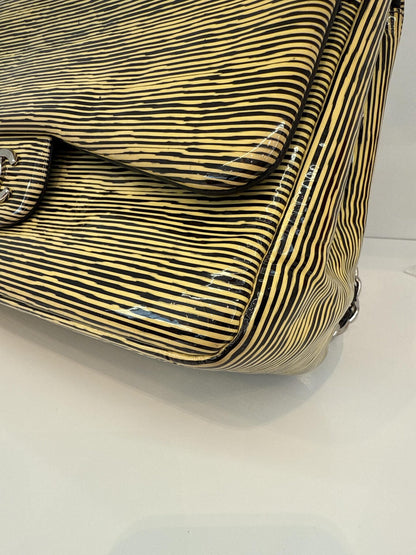 BLACK YELLOW STRIPED PATENT LEATHER LARGE CLASSIC DOUBLE FLAP BAG