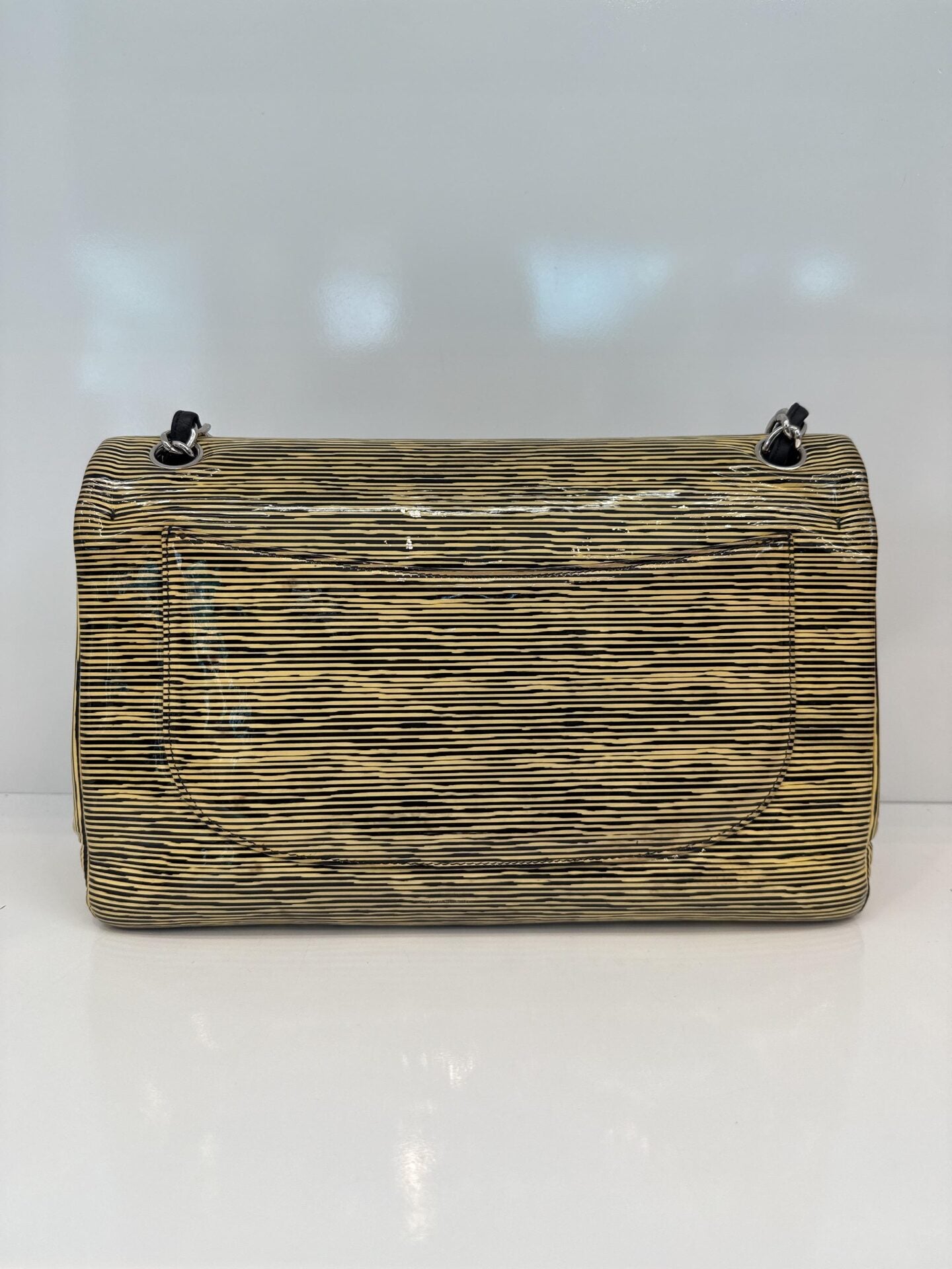 BLACK YELLOW STRIPED PATENT LEATHER LARGE CLASSIC DOUBLE FLAP BAG