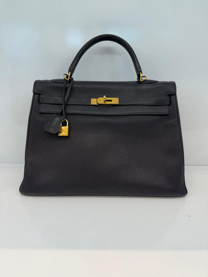 BLEU OBSCUR KELLY 35 CLEMENCE LEATHER GOLD HARDWARE