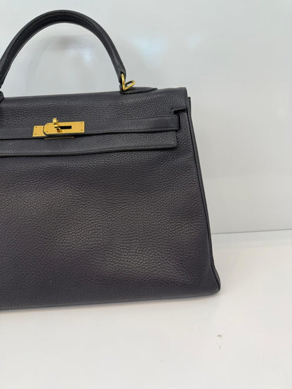 BLEU OBSCUR KELLY 35 CLEMENCE LEATHER GOLD HARDWARE