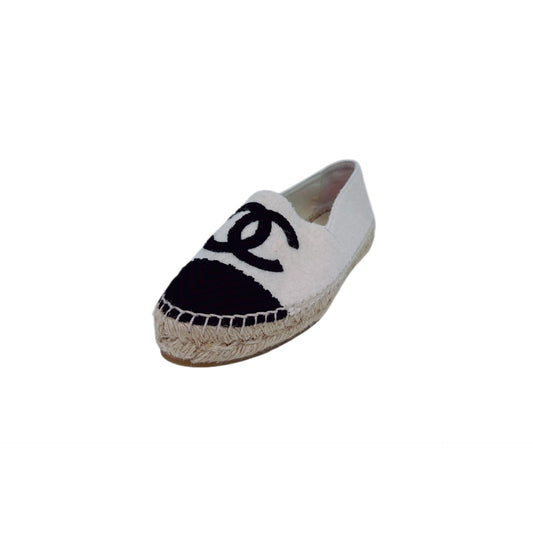 OFF WHITE BLACK FABRIC CC CAP TOE ESPADRILLES FLATS 36